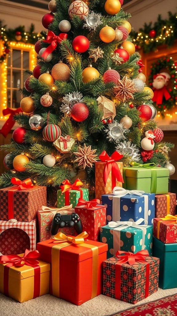 A Christmas tree with gifts, including gaming and art supplies, in a festive setting.